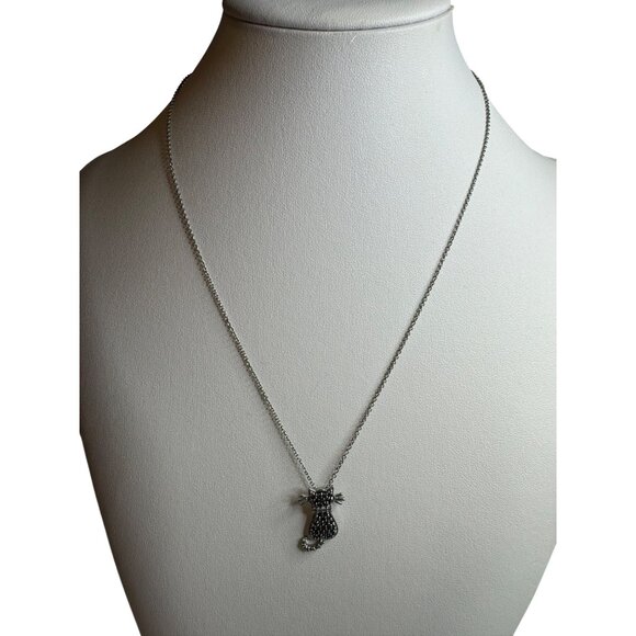 Sterling Silver Cat Pendant Necklace Black Rhinestones 18 inch Chain FAS Vintage - Picture 1 of 6
